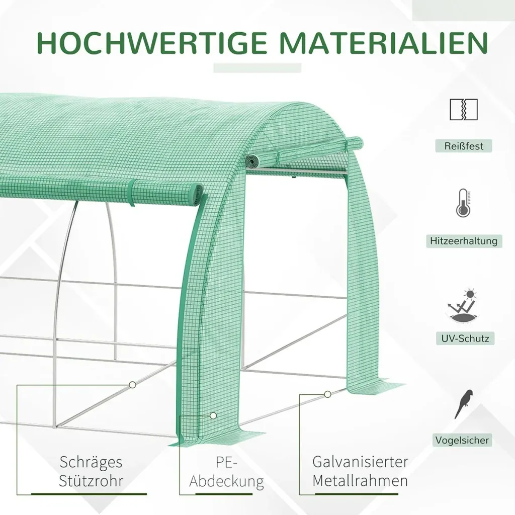 Foliengewächshaus Polytunnel 6 x 3 x 2 m begehbares Gewächshaus mit aufrollbar Abdeckungen Folientunnel Treibhaus UV-Sch