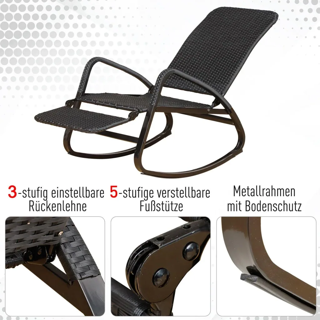 Schaukelstuhl mit Fußstütze 3-fach Rückenlehne PE Rattan Schwarz