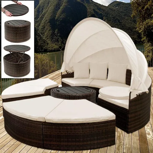 Polyrattan-Sonneninsel Ø185cm - mit WPC-Teleskop-Tisch & Kissen