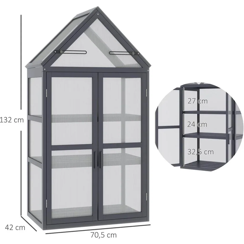 Gewächshaus mit 3 Etagen, Massivholz, Polycarbonatgehäuse, grau, 70,5 x 42 x 132 cm