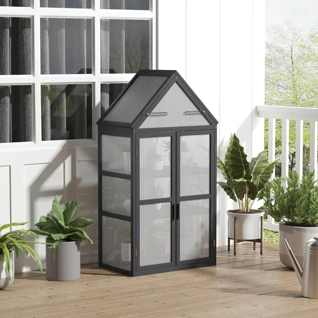 Gewächshaus mit 3 Etagen, Massivholz, Polycarbonatgehäuse, grau, 70,5 x 42 x 132 cm