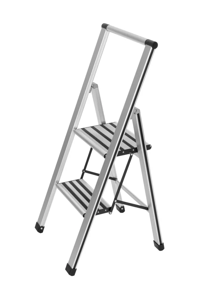 Alu-Design Klapptrittleiter 2-stufig Silber, rutschfeste Haushaltsleiter, Sicherheits-Stehleiter