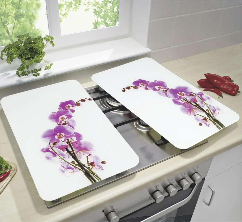 3 in 1 Herd-Abdeckplatten, Schneidbretter, Arbeitsplatten, Glas, Orchideen-Design, je 52 x 30 cm, 2er-Set