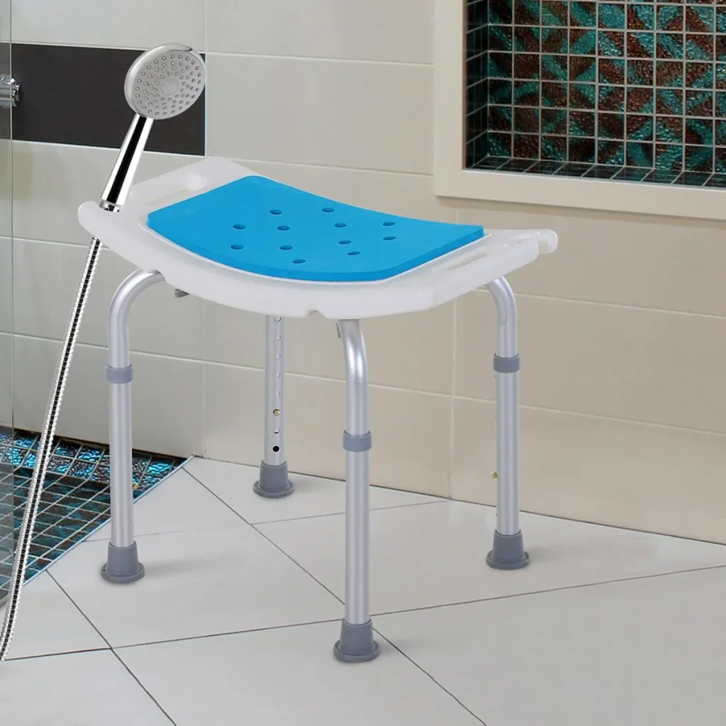 Duschstuhl Badehocker 6-stufig einstellbar Badestuhl Duschsitz Badehilfe Aluminium-Legierung PE EVA Blau+Weiß+Silber 52