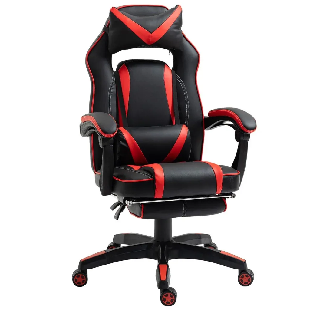 Gaming-Stuhl Bürostuhl Drehstuhl Chefsessel mit Fußstütze Rückenlehne Kissen verstellbar Kunstleder Rot+Schwarz 65x64x11