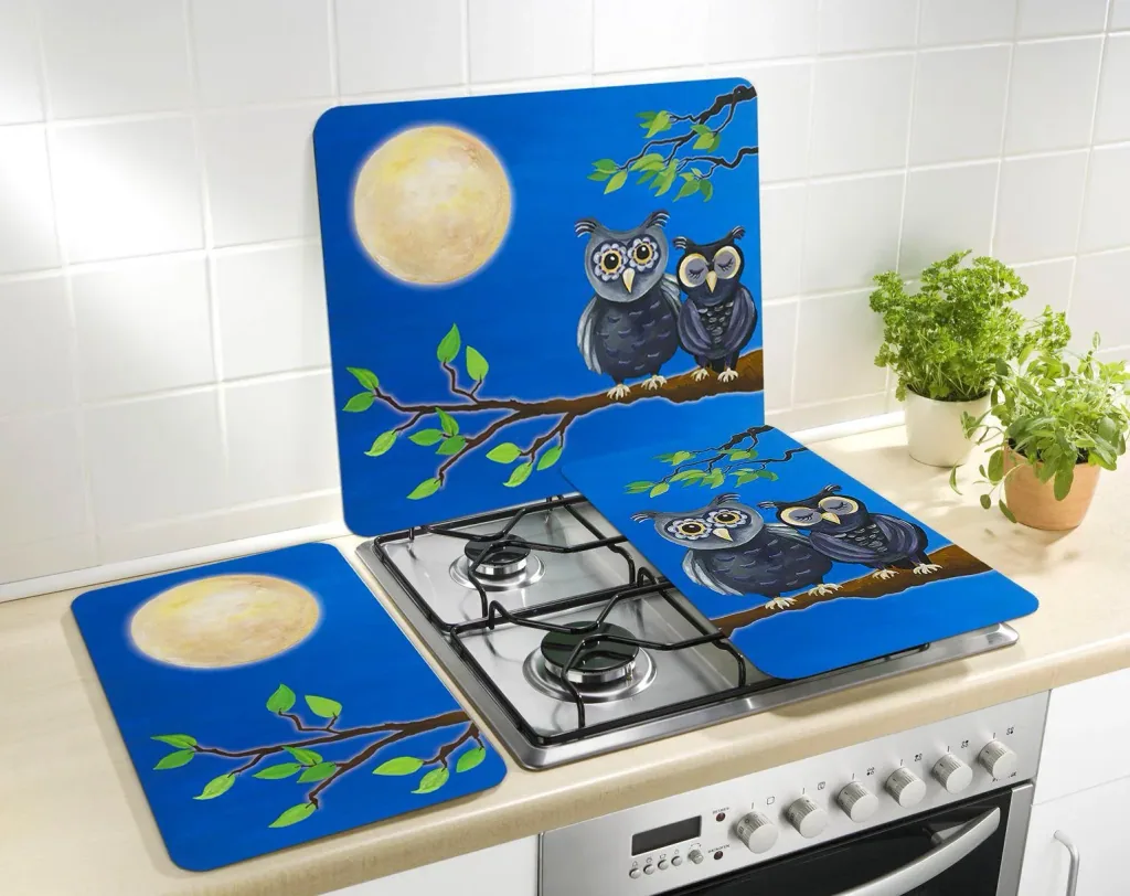 3 in 1 Herd-Abdeckplatten, Schneidbretter, Arbeitsplatten, Glas, Eulen-Design, je 52 x 30 cm, 2er-Set