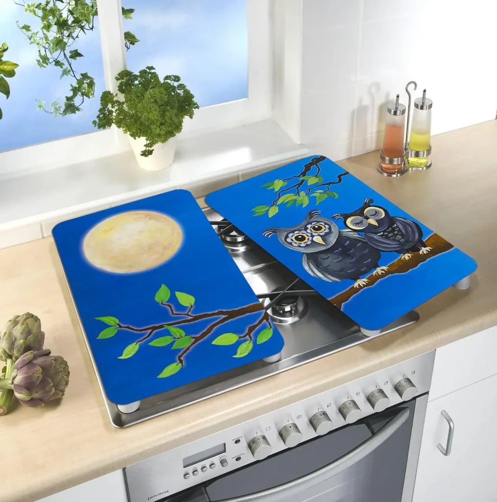 3 in 1 Herd-Abdeckplatten, Schneidbretter, Arbeitsplatten, Glas, Eulen-Design, je 52 x 30 cm, 2er-Set