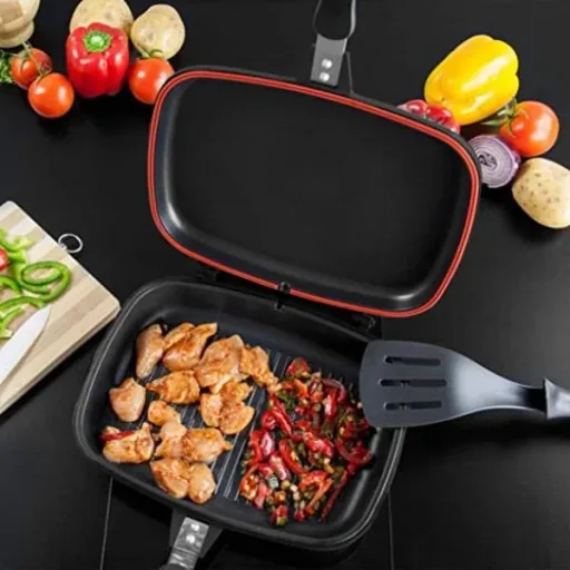 Doppelpfanne / Grillpfanne - 32 cm - Aluminiumguss - Wendegrillpfanne - bordeauxrot