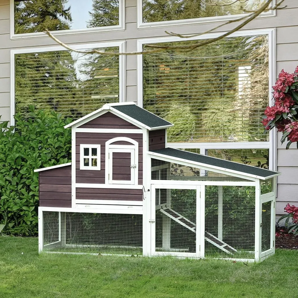 Hühnerstall mit Auslauf Nistkasten Hühnerhaus Geflügelstall mit Stange Massivholz Dunkelrot 200 x 73,5 x 130 cm