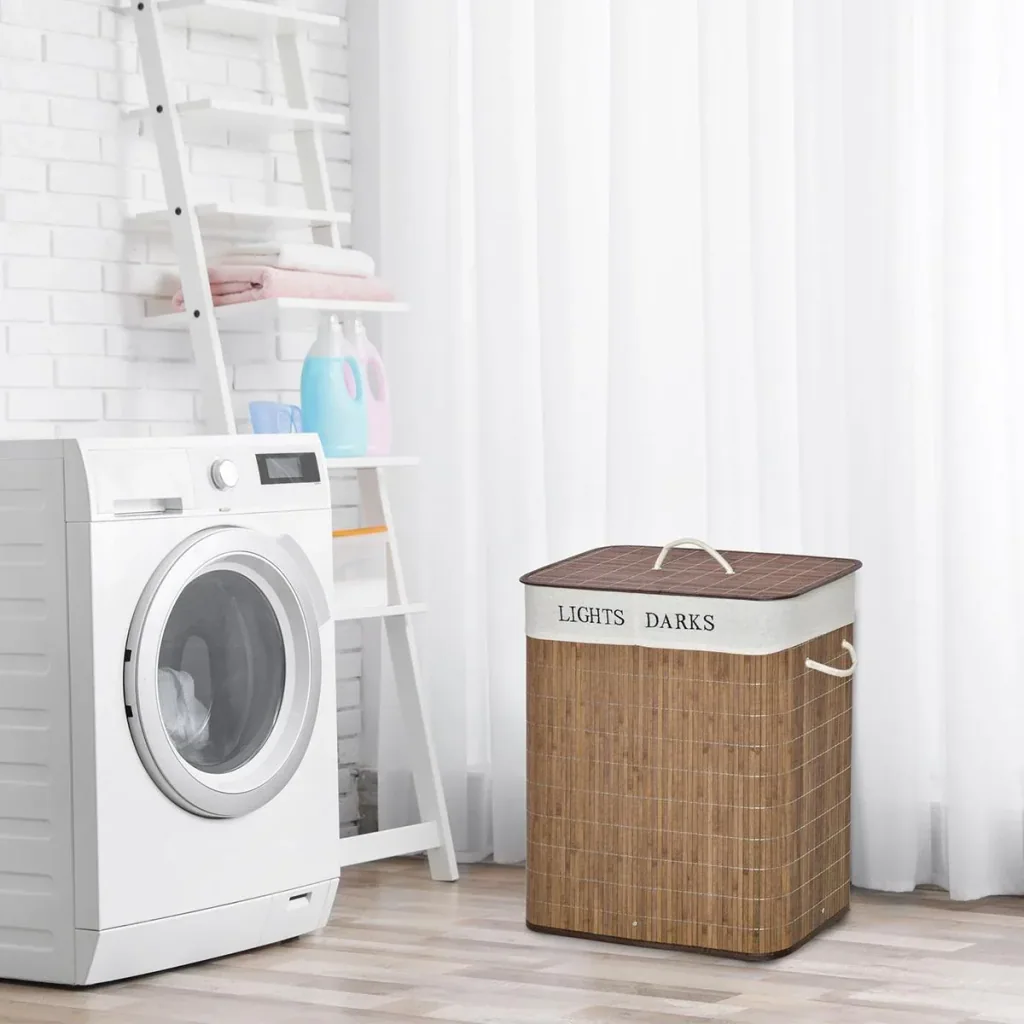 100L Wäschekorb Wäschebox Wäschesammler mit 3 Griffe abnehmbar Bambus Polyester Baumwolle Metall Braun+Weiß 52 x 32 x 63