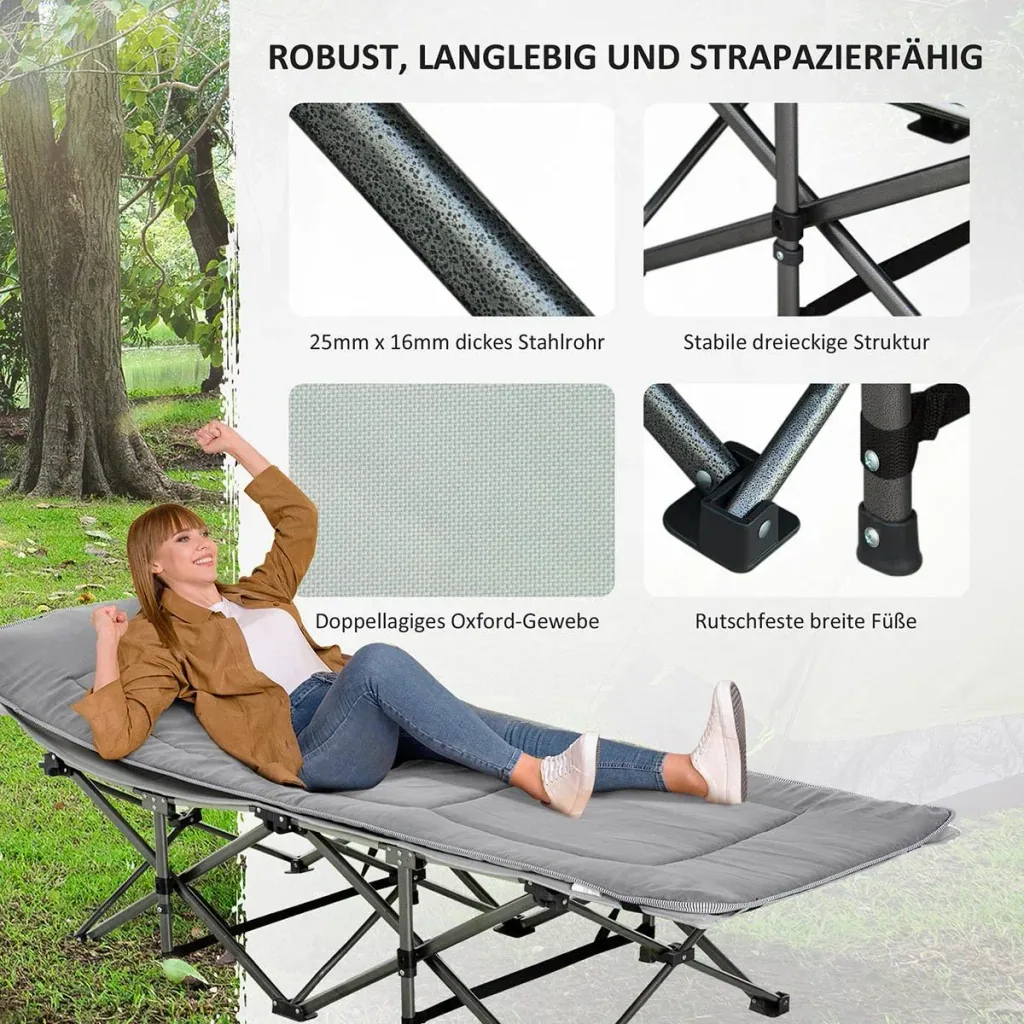 Campingbett klappbar Feldbett Klappbett mit Kopfkissen Seitentasche Matratze Gästebett bis 150 kg belastbar Reisen Outdo