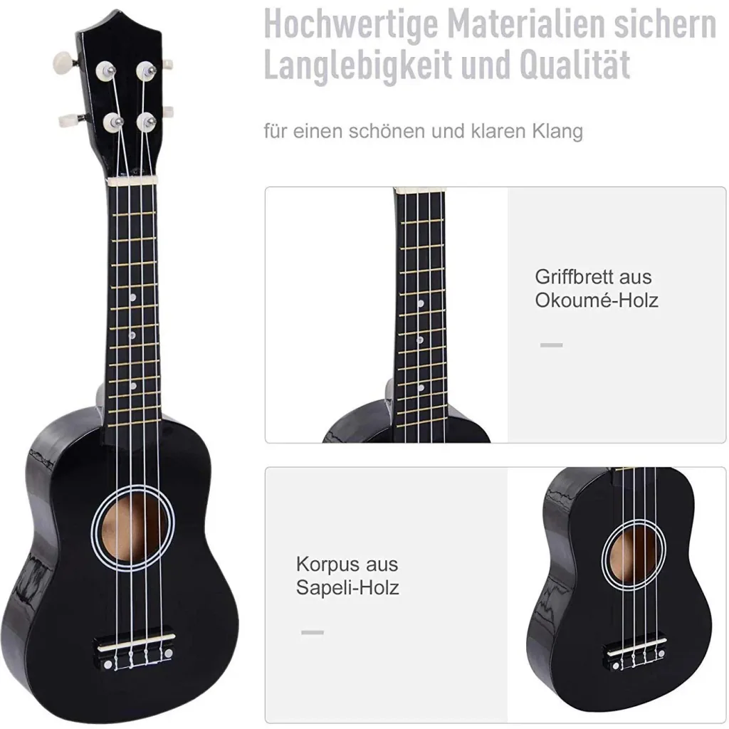 Ukulele Saiteninstrument Anfänger Nylonsaiten Birkenholz Schwarz 53 x 17,5 x 6,2 cm