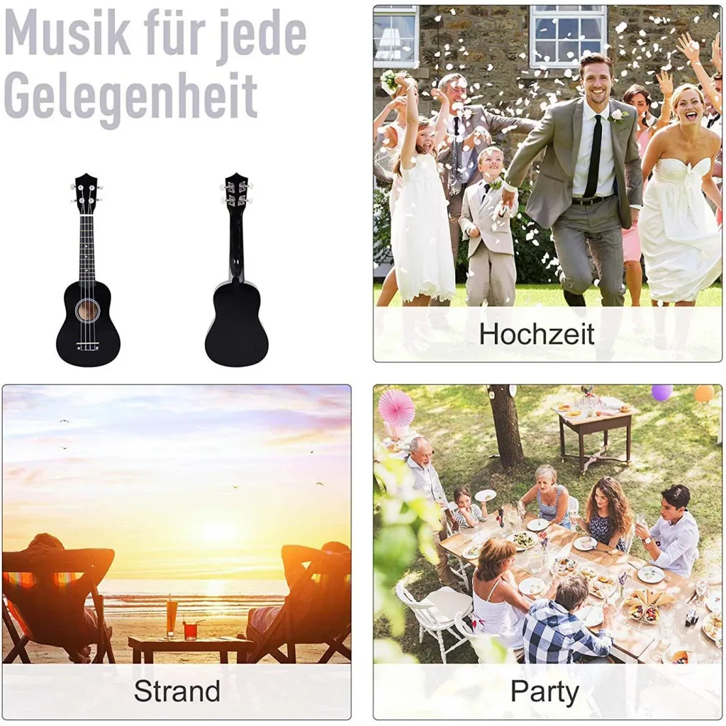Ukulele Saiteninstrument Anfänger Nylonsaiten Birkenholz Schwarz 53 x 17,5 x 6,2 cm