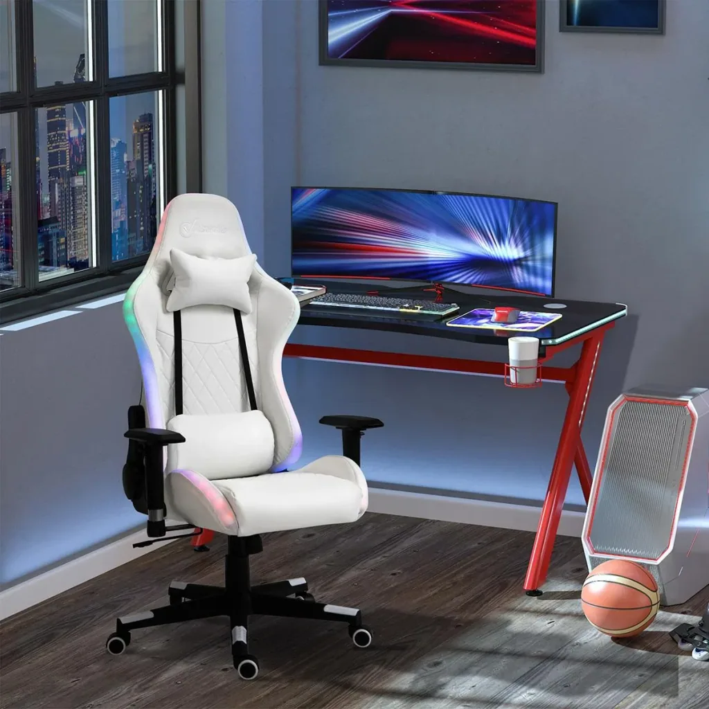 Gaming Stuhl mit RGB LED-Beleuchtung ergonomisch mit Kissen Rückenlehne verstellbar Weiß+Schwarz 68 x 68 x 126-136 cm