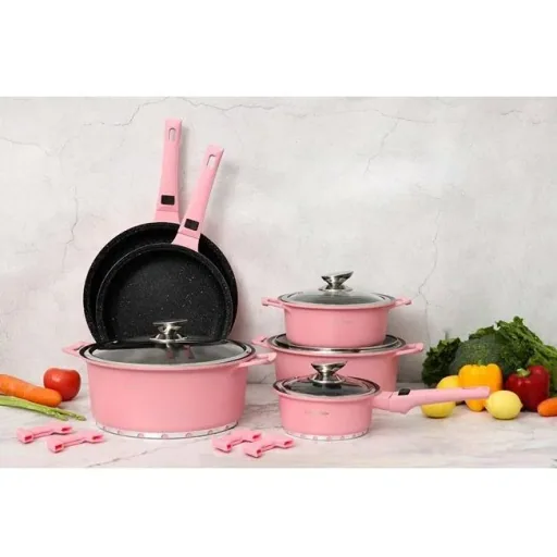 Kochgeschirr aus Aluminiumguss -14 Teile, einschließlich Deckel und Griffe - Rosa
