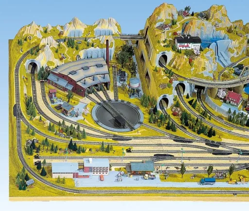 Vorfeld Anbauteil Drehscheibe - 100 x 40 cm, Spur H0, mit Auffahrtsrampe koloriert und begrast, auf Holzrahmen