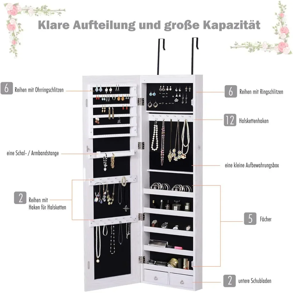 LED Schmuckschrank mit Spiegel hellgrau