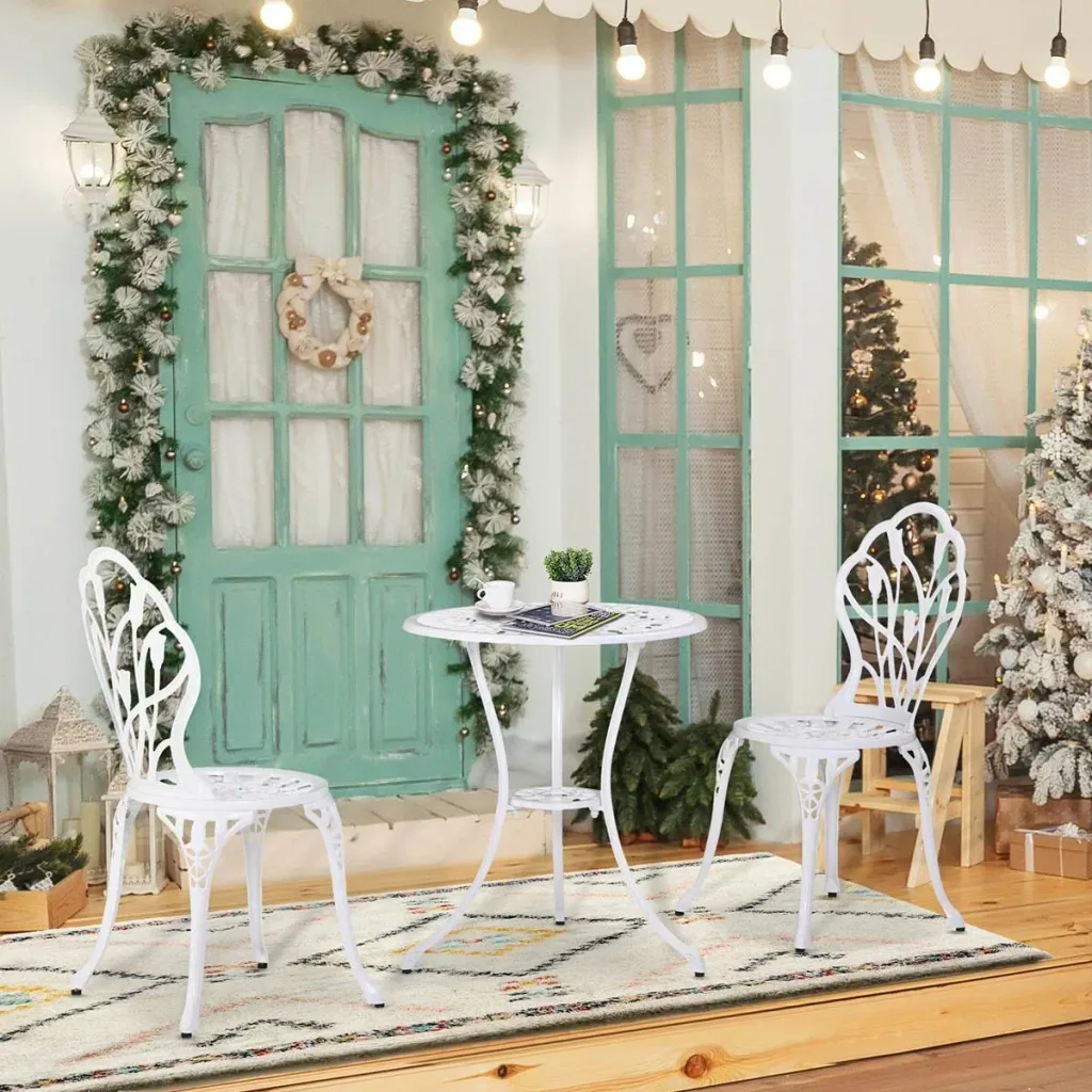 Sitzgruppe 3-teilige Essgruppe Gartenmöbel-Set 1 Tisch+2 Stühle mit Schirmloch Terrasse Aluminium Weiß Ø60 x 67H cm