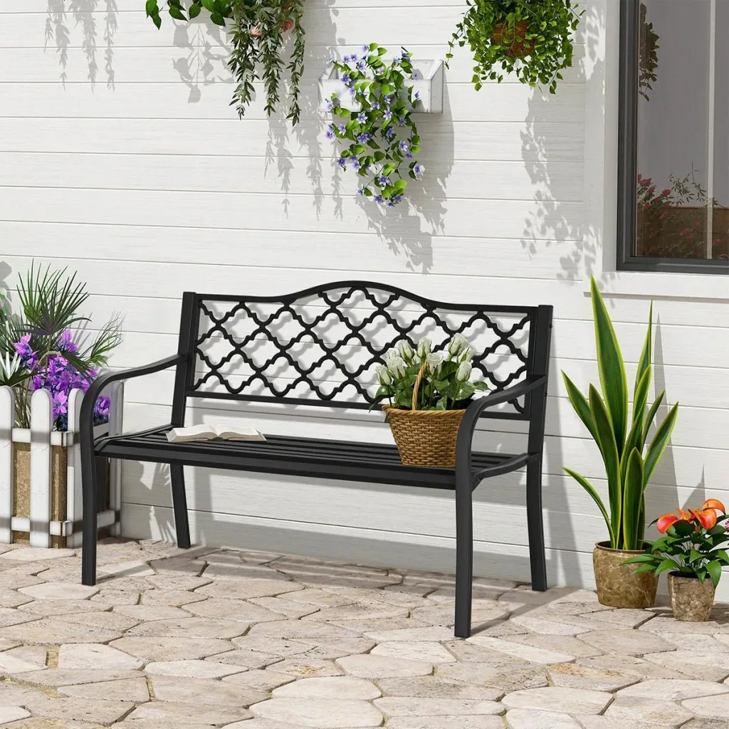 Gartenbank 2-Sitzer Parkbank aus Metall Sitzbank bis 280 kg Bank Terrassenbank mit Rücken- & Armlehnen Gartenmöbel Gusse