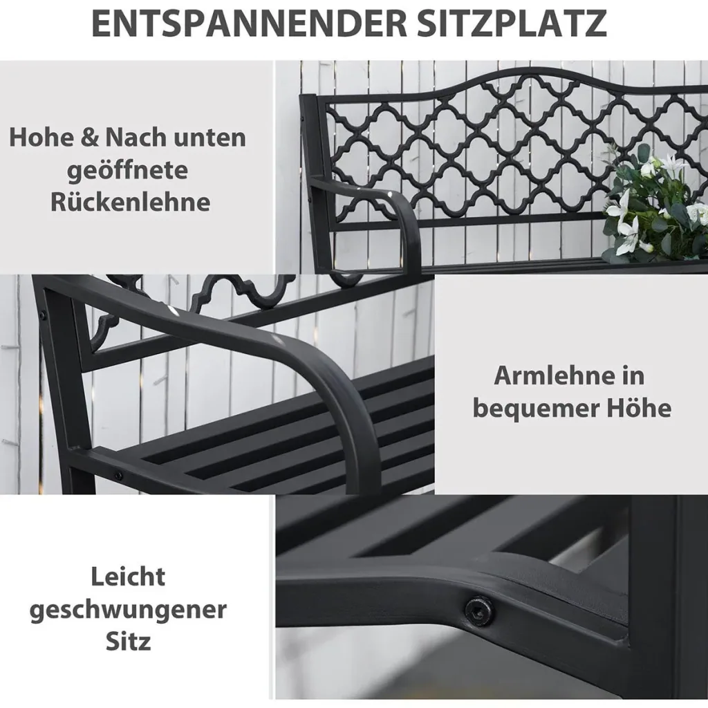 Gartenbank 2-Sitzer Parkbank aus Metall Sitzbank bis 280 kg Bank Terrassenbank mit Rücken- & Armlehnen Gartenmöbel Gusse