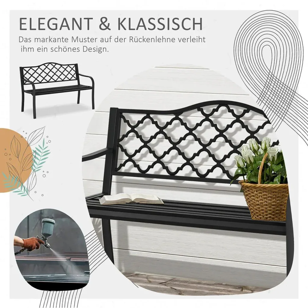 Gartenbank 2-Sitzer Parkbank aus Metall Sitzbank bis 280 kg Bank Terrassenbank mit Rücken- & Armlehnen Gartenmöbel Gusse