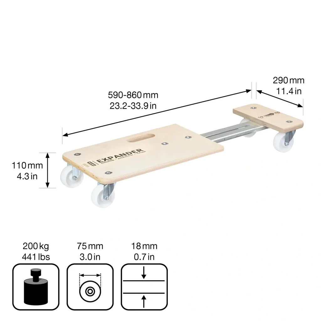 Transporthilfe MM 1331, 59-86 x 29 x 11 cm ausziehbar, harte Rollen Ø 75 mm, Rollenlager, Birke FSC®, Tragkraft 200 kg