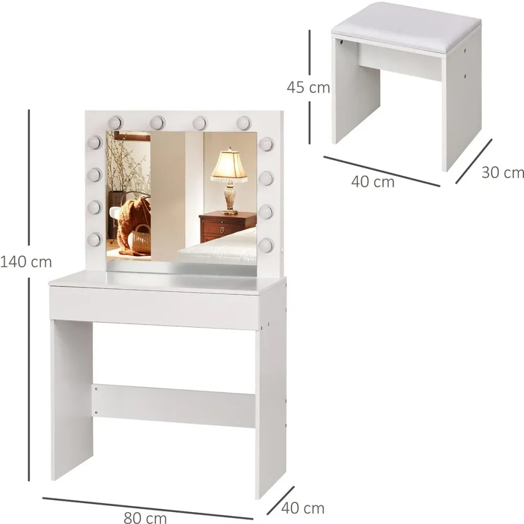 Frisierkommode mit Hocker und LED-Beleuchtung