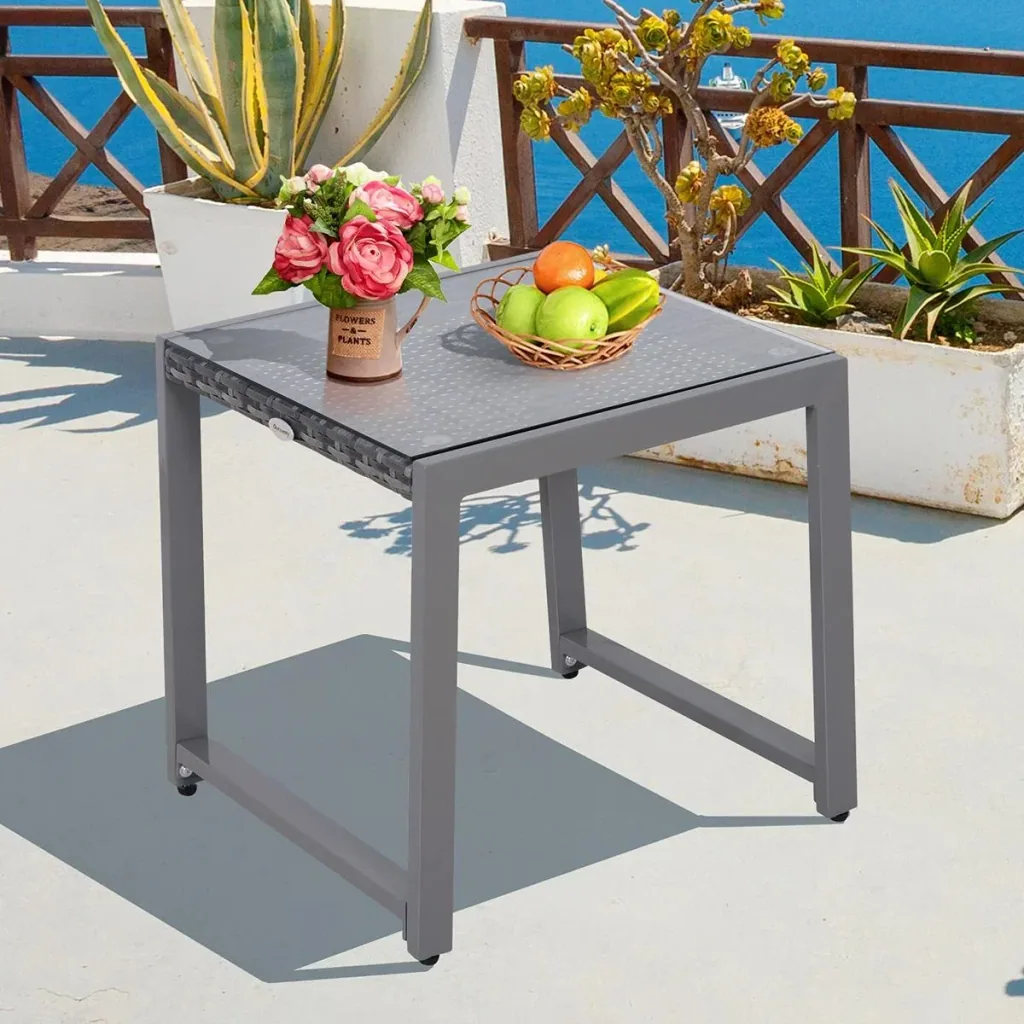 Polyrattan Gartentisch mit Hartglas grau