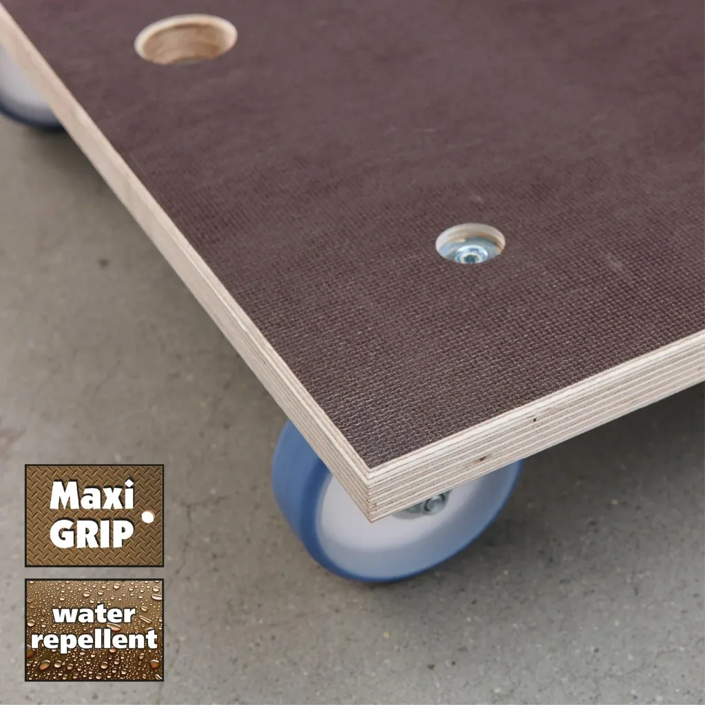 Transporthilfe MM 1147, 78 x 59 x 15 cm, softe Rollen Ø 100 mm, Rollenlager, Platte Maxigrip FSC®, Tragkraft 500 kg