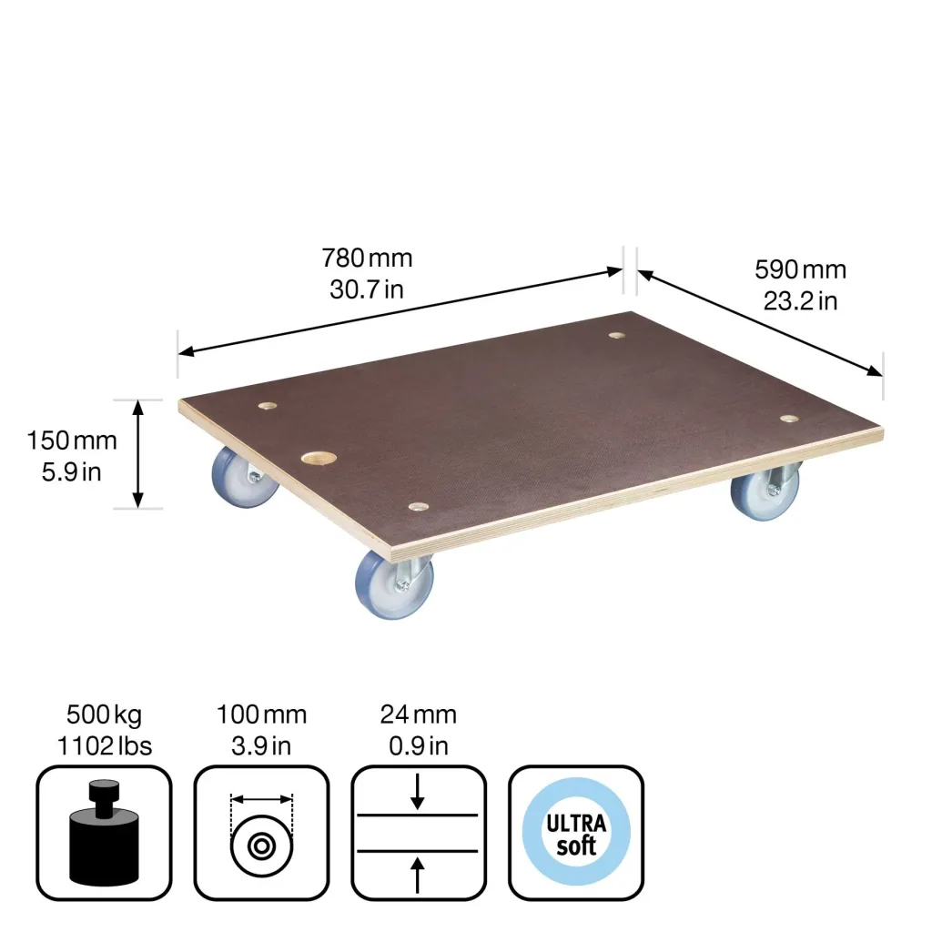 Transporthilfe MM 1147, 78 x 59 x 15 cm, softe Rollen Ø 100 mm, Rollenlager, Platte Maxigrip FSC®, Tragkraft 500 kg