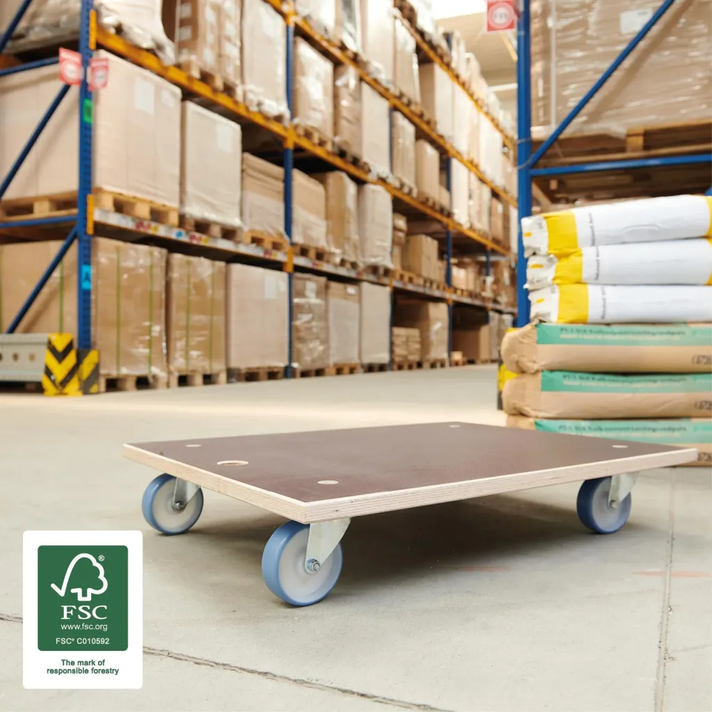 Transporthilfe MM 1147, 78 x 59 x 15 cm, softe Rollen Ø 100 mm, Rollenlager, Platte Maxigrip FSC®, Tragkraft 500 kg