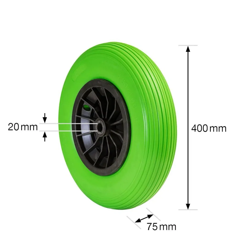 Schubkarrenrad PANNENSICHER - Ø Rad 400 mm, PU geschäumtes Rad, Rollenlager, Felge 75 mm, Achse 20 mm, Tragkraft 100 kg
