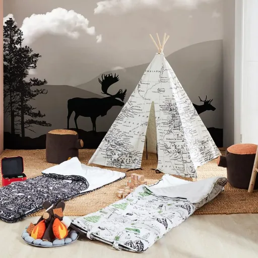 Weltkarte Tipi Zelt Schwarz / Weiß