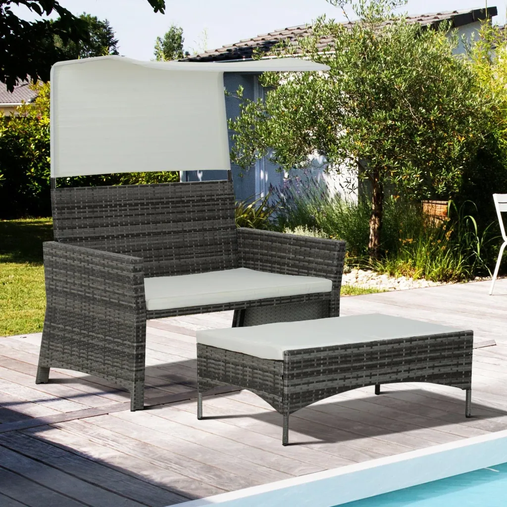 2-tlg, Gartensofa Gartenmöbel Lounge Rattenmöbel Polyrattan + Metall 2er-Sofa 1 x Hocker mit Sonnendach