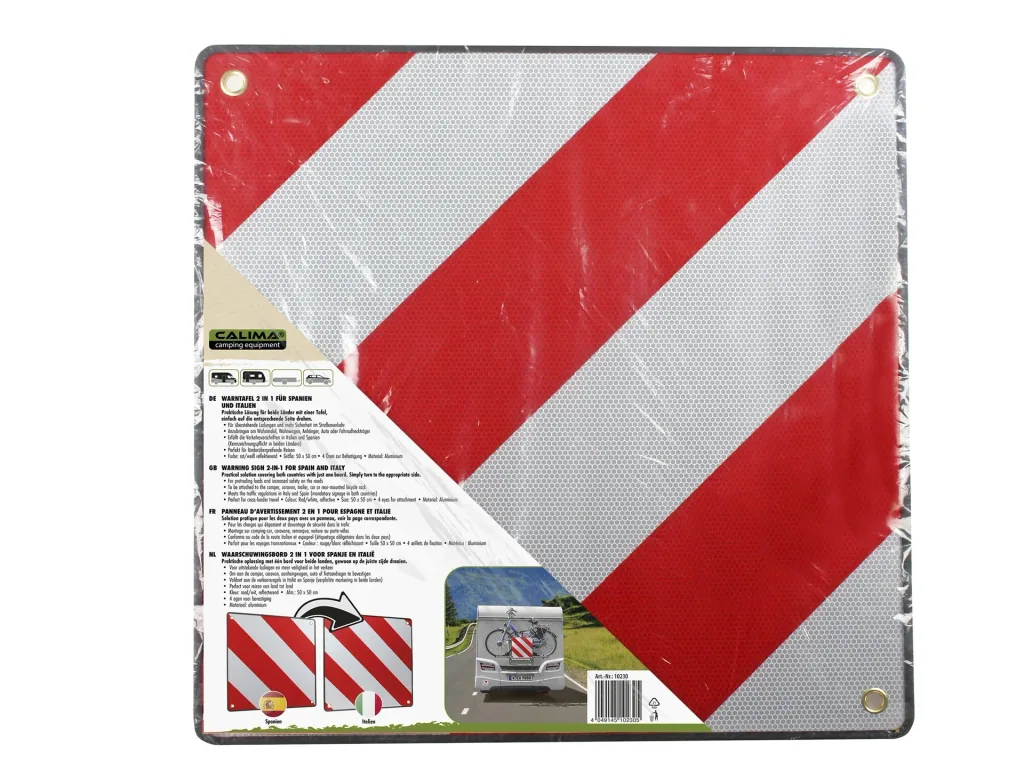 Warntafel für Fahrradträger, 2 in 1, für Spanien & Italien, cas. 50 x 50 cm