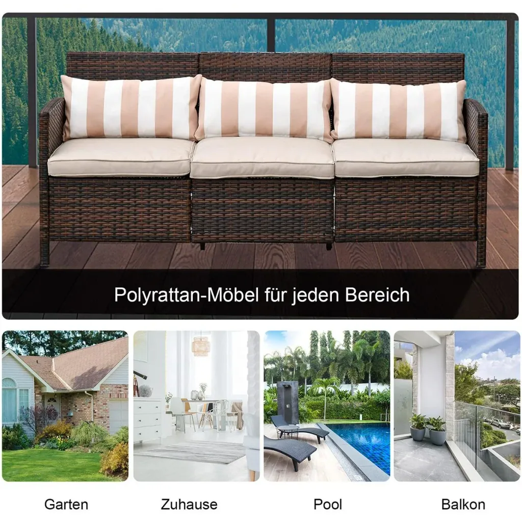 Rattan Loungesofa als 3-Sitzer braun/grau