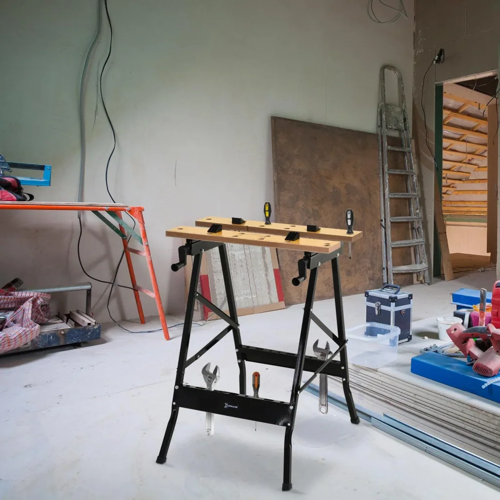 Verstellbare Werkbank Stahl MDF natur, schwarz