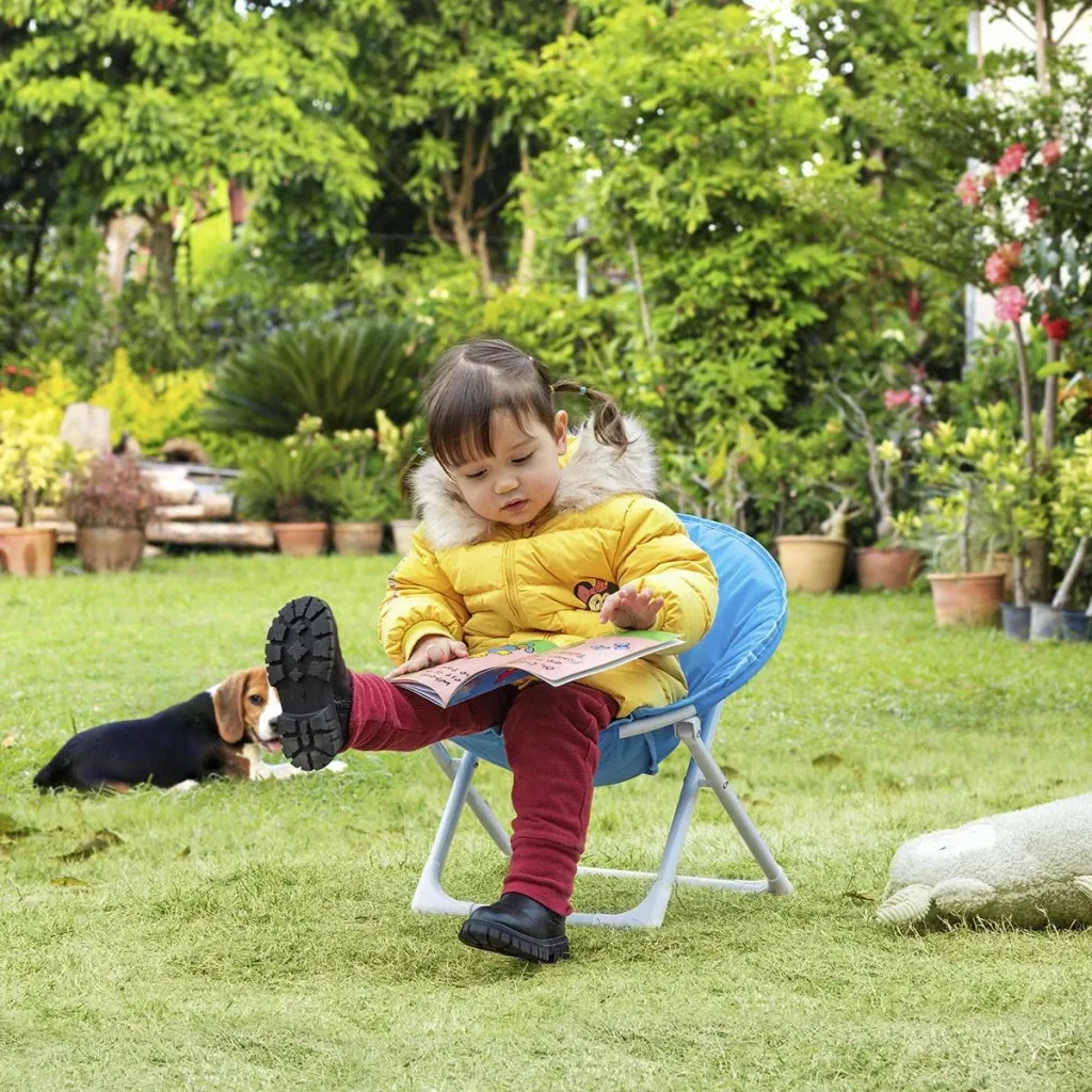 Campingstuhl faltbar Kinder Klappstuhl Mondstuhl drinnen und draußen für 3 bis 5 Jahre Kinder stahlblau Ø50 x 49H cm