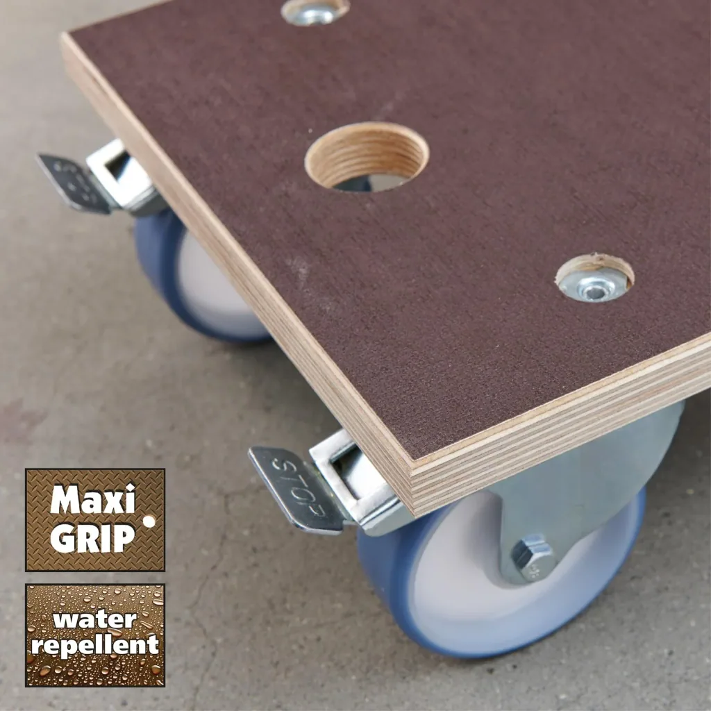 Transporthilfe MM 1341, 57,5 x 30 x 15 cm, harte Rollen Ø 100 mm, Rollenlager, 2 Bremsen, Platte FSC®, Tragkraft 500 kg
