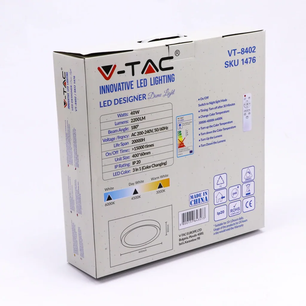 VT-8402 LED-Deckenleuchte mit Fernbedienung - 40W - Farbtemperatur einstellbar - F400