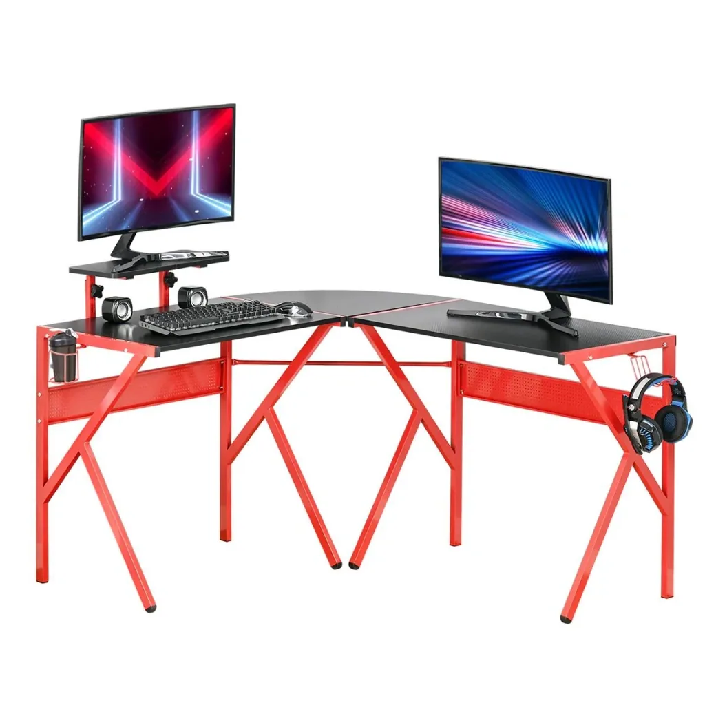 Computertisch mit höhenverstellbarer Monitorablage Schreibtisch mit Becherhalter Kopfhörerhaken L-förmiger Bürotisch mit