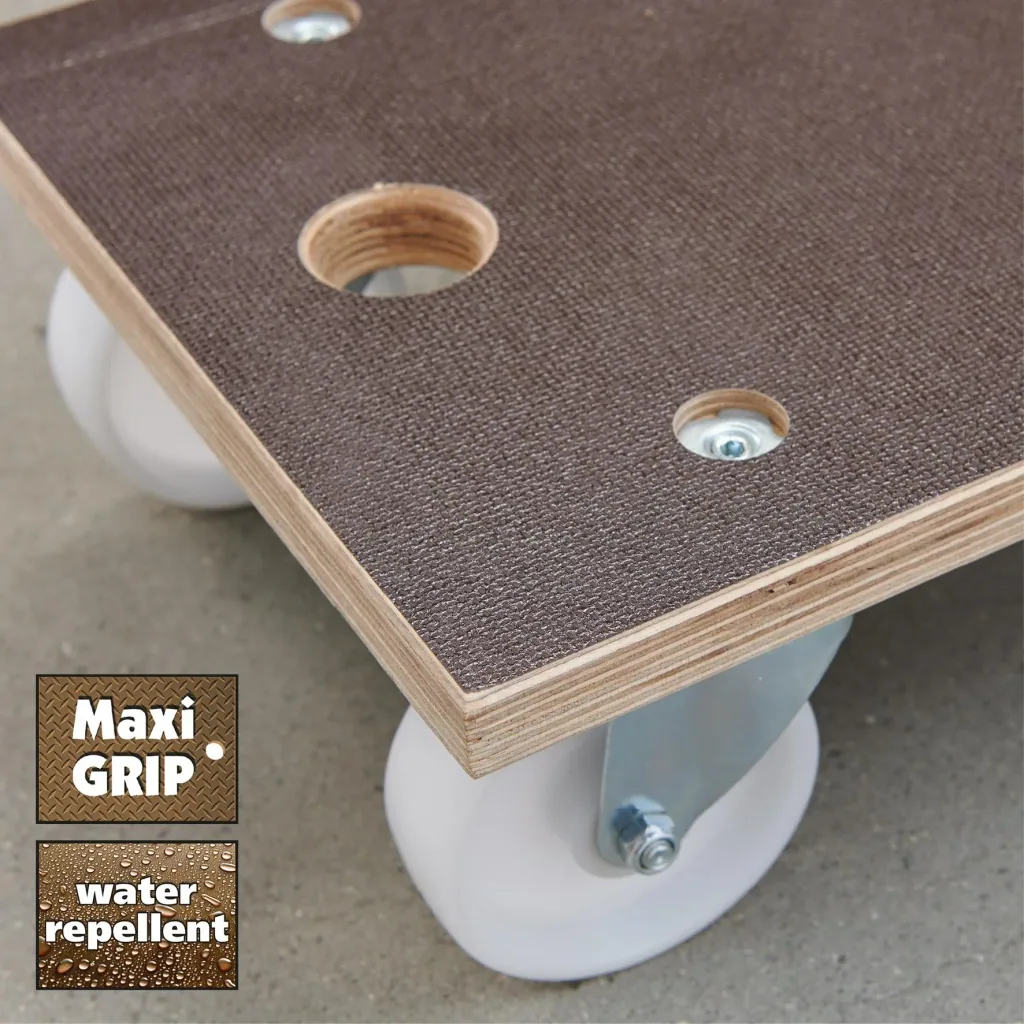 Transporthilfe MM 1143, 57,5 x 30 x 15 cm, harte Rollen Ø 100 mm, Rollenlager, Platte Maxigrip FSC®, Tragkraft 500 kg