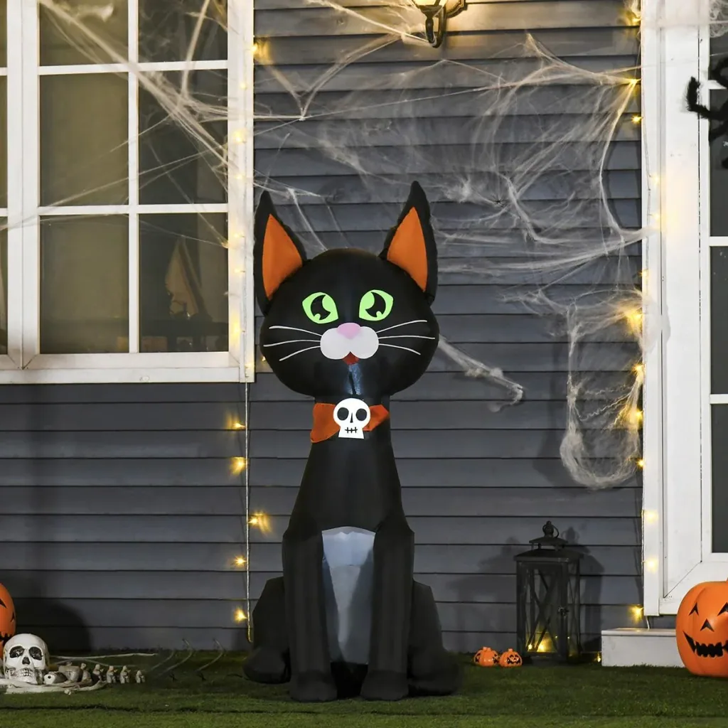 Aufblasbare Schwarze Katze Figur Halloween Deko für Innen- und Außenbereich Luftfigur mit LED Beleuchtung Polyester Schw