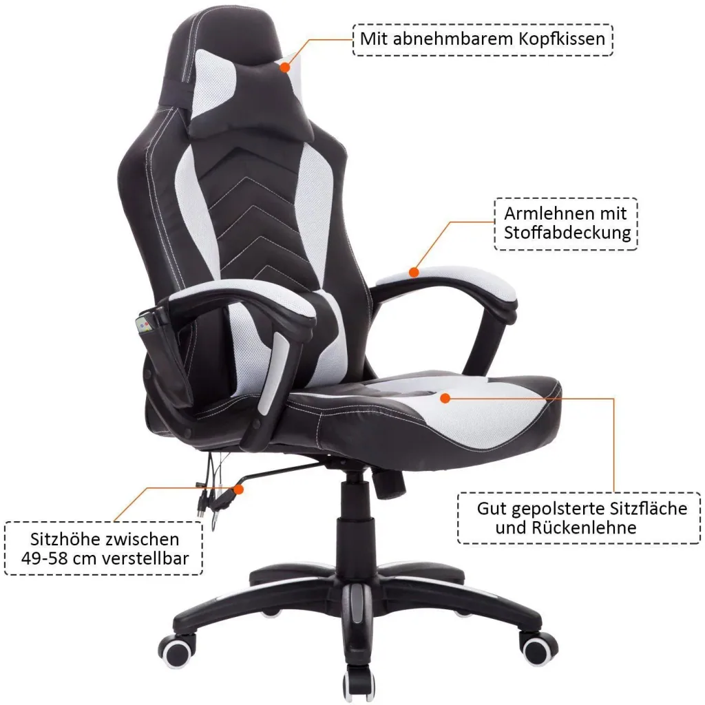 Bürostuhl Gaming Stuhl mit Massage- und Wärmefunktion schwarz-weiß