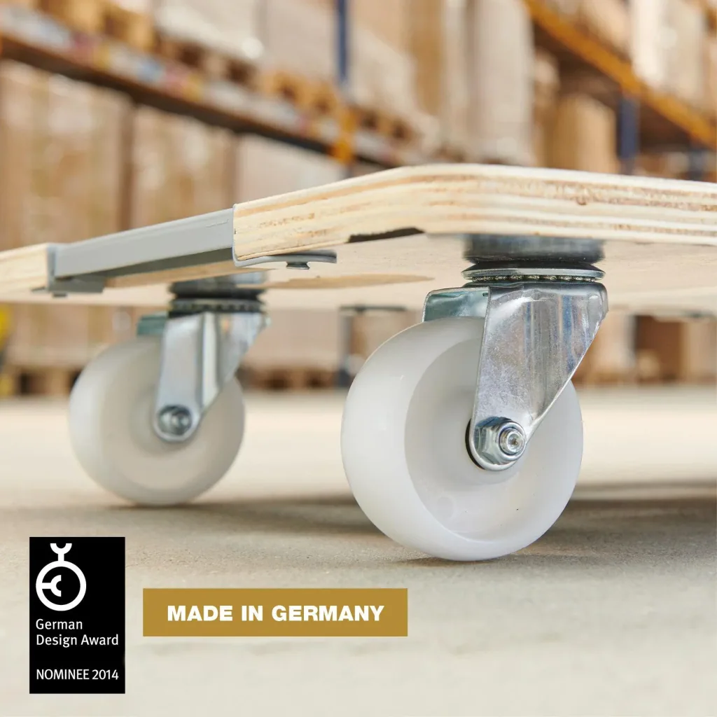 Transporthilfe MM 1381, 63 x 43 x 11 cm, harte Rollen Ø 75 mm, Rollenlager, Sicherung, Platte FSC®, Tragkraft 250 kg
