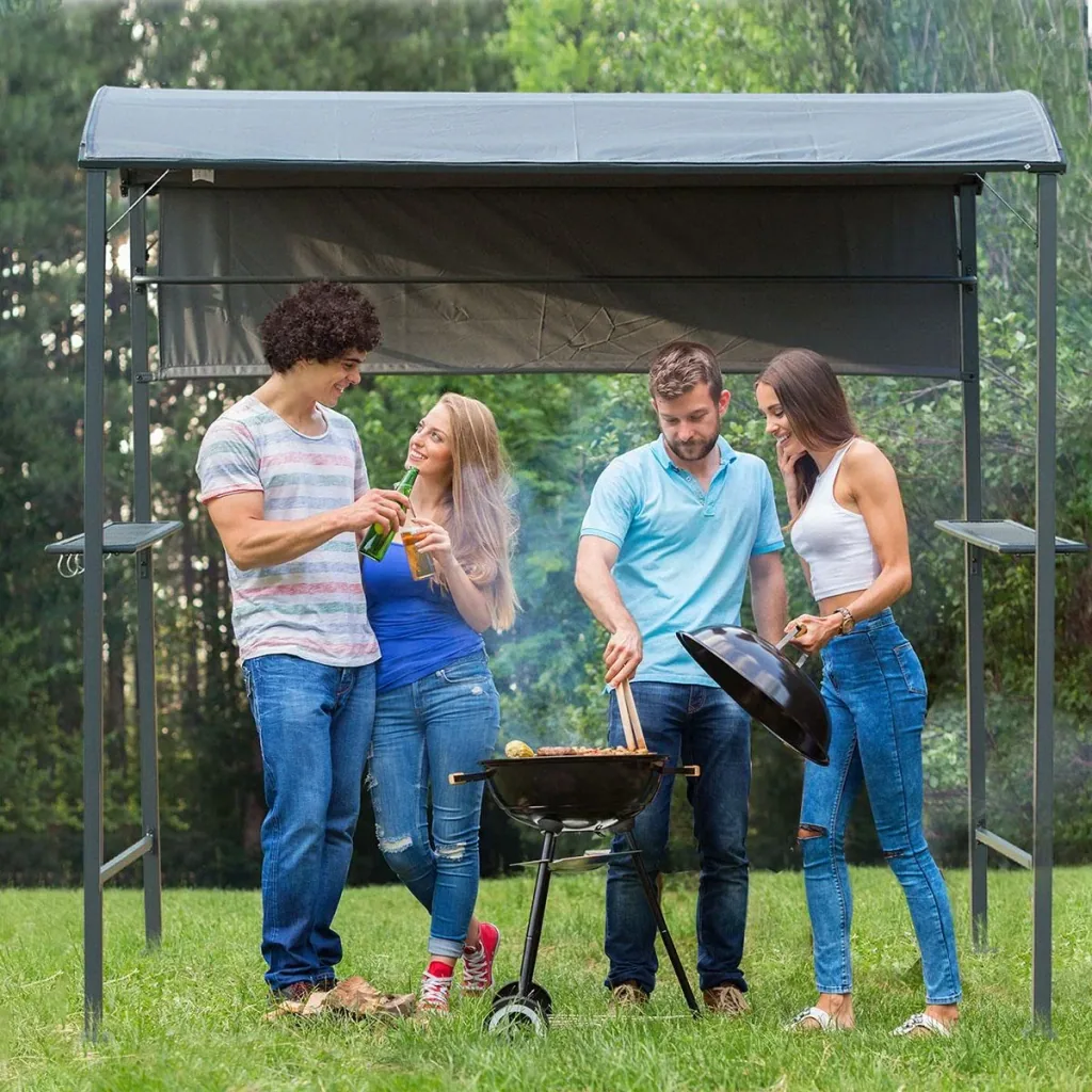 Grillpavillon mit Flammschutzdach, BBQ-Pavillon mit 2 Ablagen, Polyester, Schwarz, 218 x 138 x 216 cm