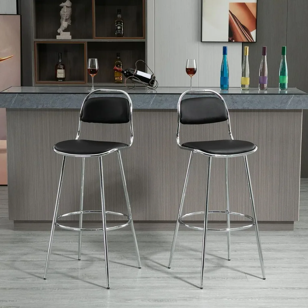 2-tlg. Barhocker Küchenhocker mit Rückenlehne Kunststoffstifte für Küche Esszimmer Metall PU Schaumstoff Schwarz 42,5 x