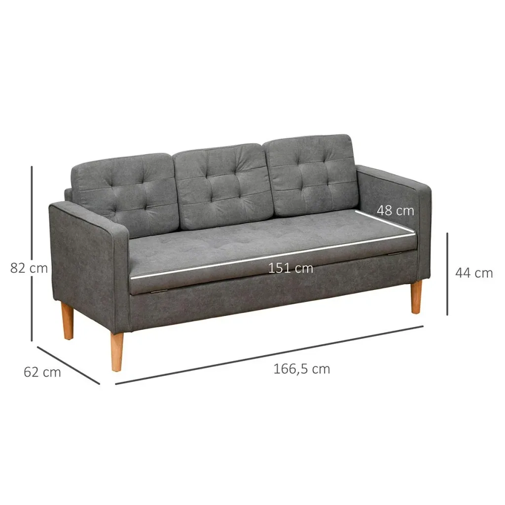 3-Sitzer Sofa Stoffsofa Doppelsofa abnehmbar mit Kissen Gummiholz Baumwoll Grau 166,5 x 62 x 82 cm