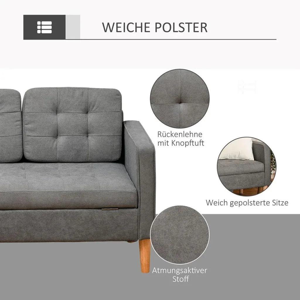 3-Sitzer Sofa Stoffsofa Doppelsofa abnehmbar mit Kissen Gummiholz Baumwoll Grau 166,5 x 62 x 82 cm
