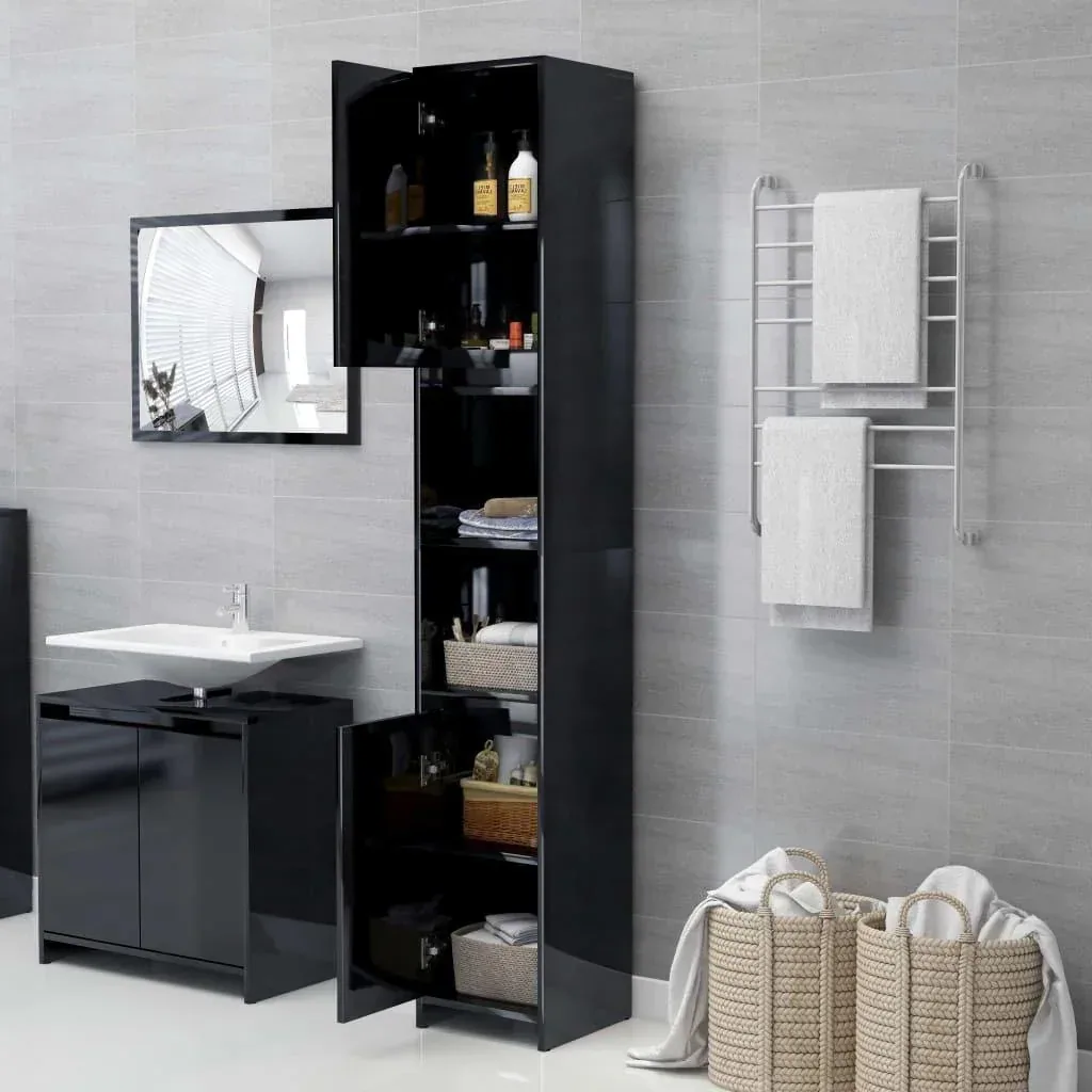 Badschrank 30x30x183,5 cm Spanplatte Hochglanz schwarz